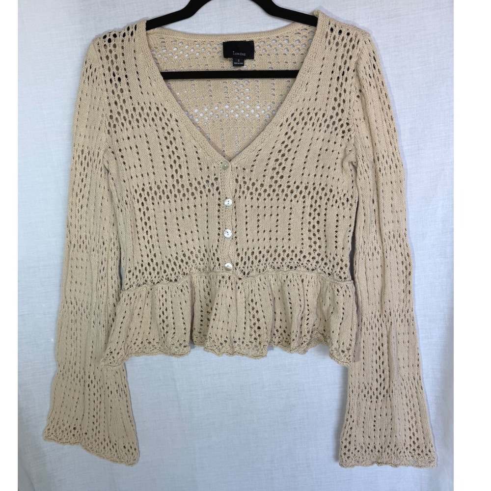 Lumiere Cardigan Beige Boho Crochet Pointelle Cottagecore Fairycore Peplum Small
